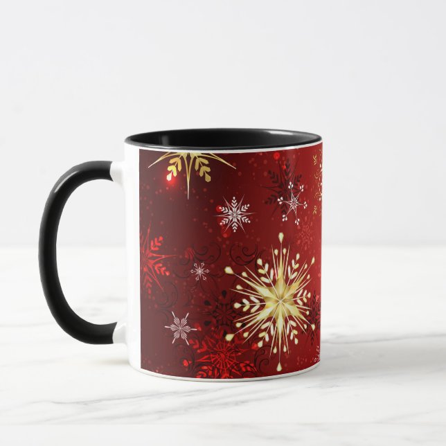 Weihnachten Goldene Schneeflocken im roten Hinterg Tasse (Links)