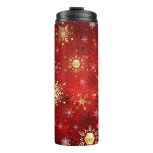 Weihnachten Goldene Schneeflocken im roten Hinterg Thermosbecher