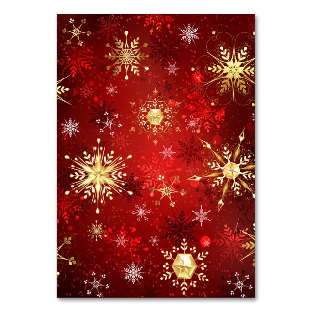 Weihnachten Goldene Schneeflocken im roten Hinterg Tischnummer (Vorderseite)