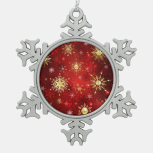 Weihnachten Goldene Schneeflocken im roten Hinterg Zinn-Ornament