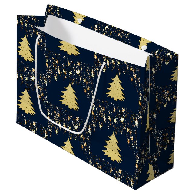 Weihnachten - Goldstars und Baum mit Ornamenten Große Geschenktüte (Vorderseite Schrägansicht)