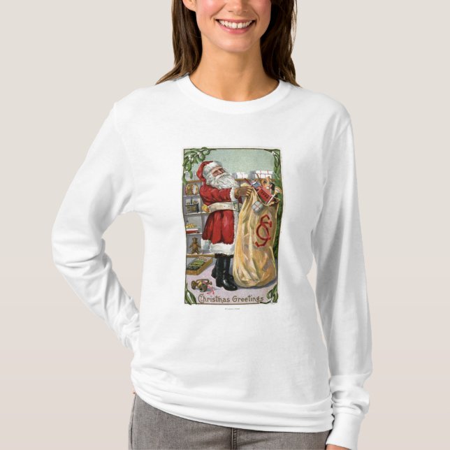 Weihnachten GreetingSanta mit großem Sack T-Shirt (Vorderseite)