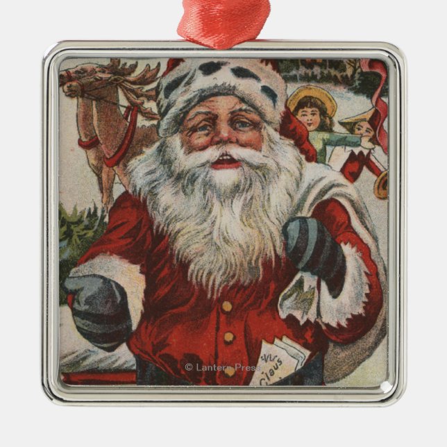 Weihnachten GreetingSanta mit Rotwild und Kindern Silbernes Ornament (Vorne)