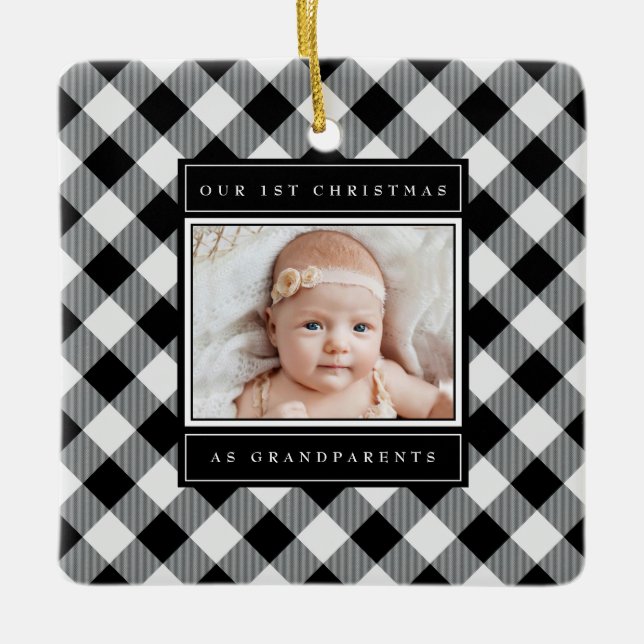Weihnachten Großeltern Schwarz-weißes Kariertes Fo Keramikornament (Vorderseite)
