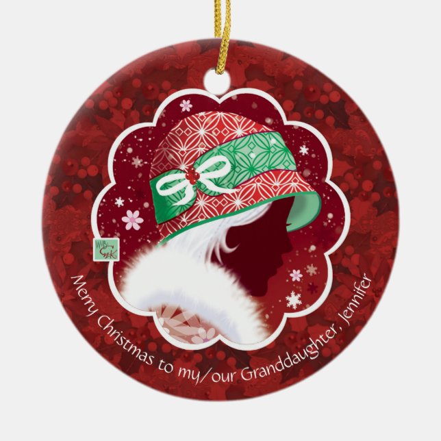 Weihnachten, Großtochter, Mädchen in rotem Hut Keramik Ornament (Vorne)