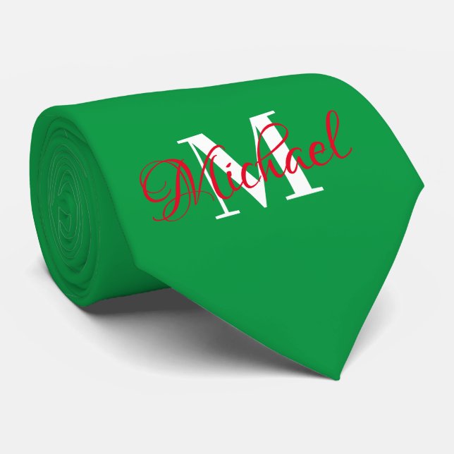 Weihnachten Grün & Rot Monogrammiert Necktie Krawatte (Gerollt)