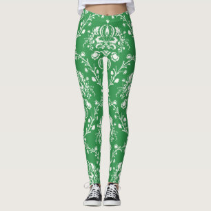 Weihnachten Grün und Weiß Damask Leggings