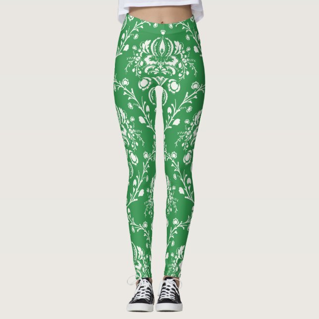 Weihnachten Grün und Weiß Damask Leggings (Vorderseite)