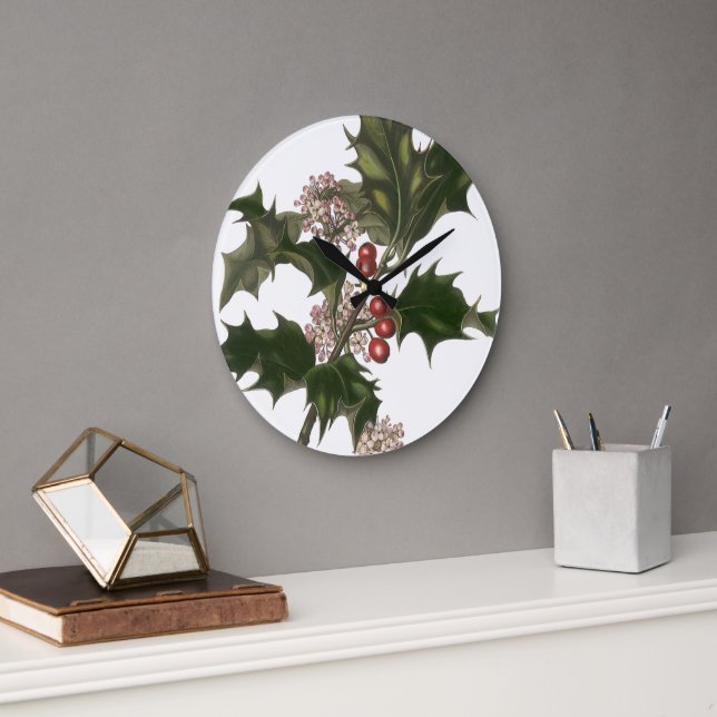 Weihnachten, Grüne Holly-Pflanze mit Berries Große Wanduhr (Büro)