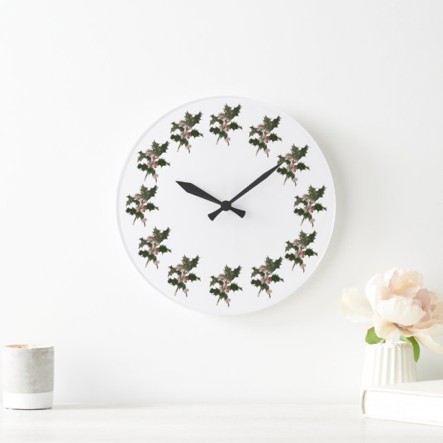 Weihnachten, Grüne Holly-Pflanze mit Berries Große Wanduhr (Zuhause)