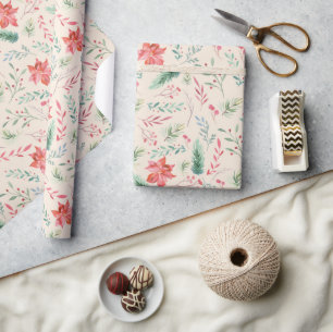 Weihnachten Grüne Rote Florals Creme Geschenkpapier
