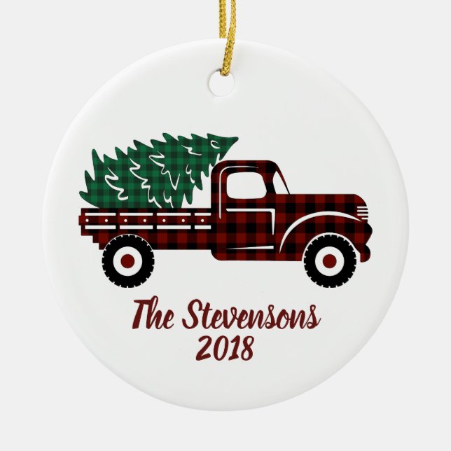 Weihnachten Grüner Karierter Baum Roter Lkw Urlaub Keramik Ornament (Vorne)