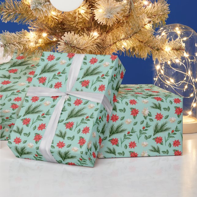 Weihnachten Grünes Rotes Blumenmuster Geschenkpapier (Feiertage)