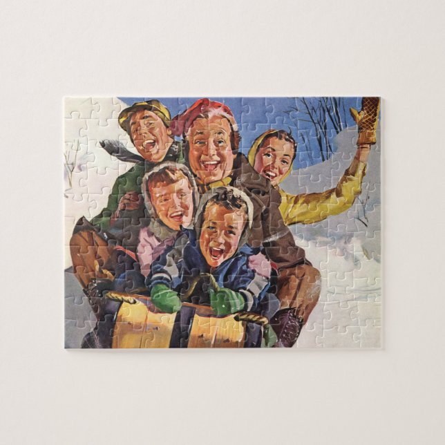 Weihnachten, Happy Family Rodeln Rodelbahn mit Aus (Horizontal)