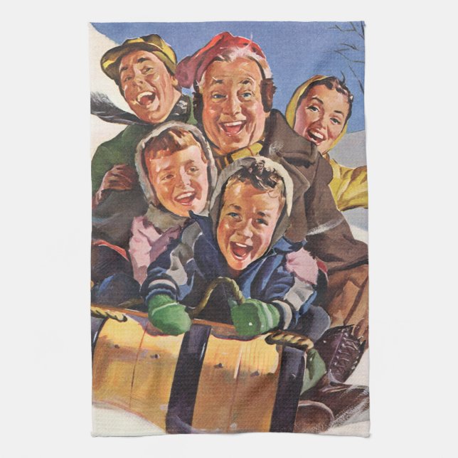 Weihnachten, Happy Family Rodeln Rodelbahn mit Aus Geschirrtuch (Vertikal)