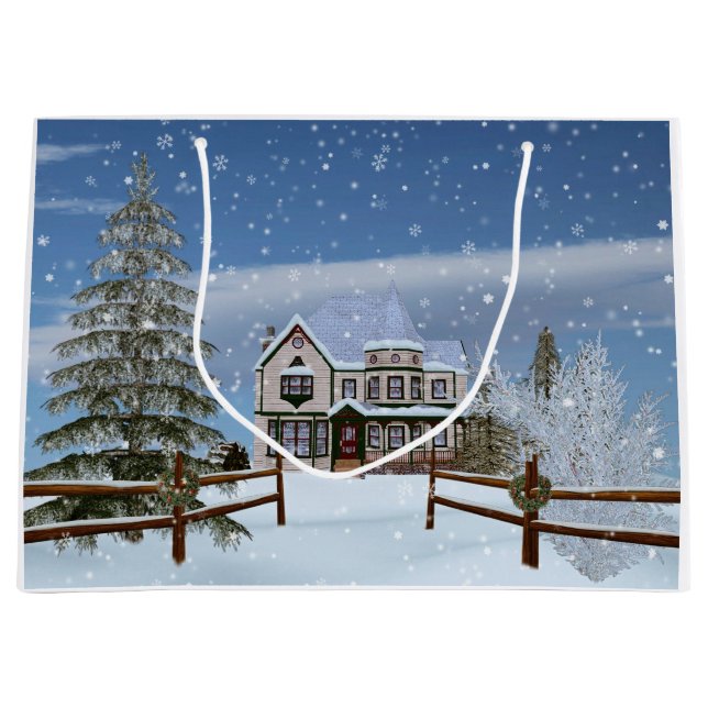 Weihnachten, Haus in der Snowy-Winter-Szene Große Geschenktüte (Vorderseite)