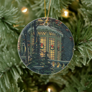 Weihnachten, Haus mit Kränen in Windows Keramikornament