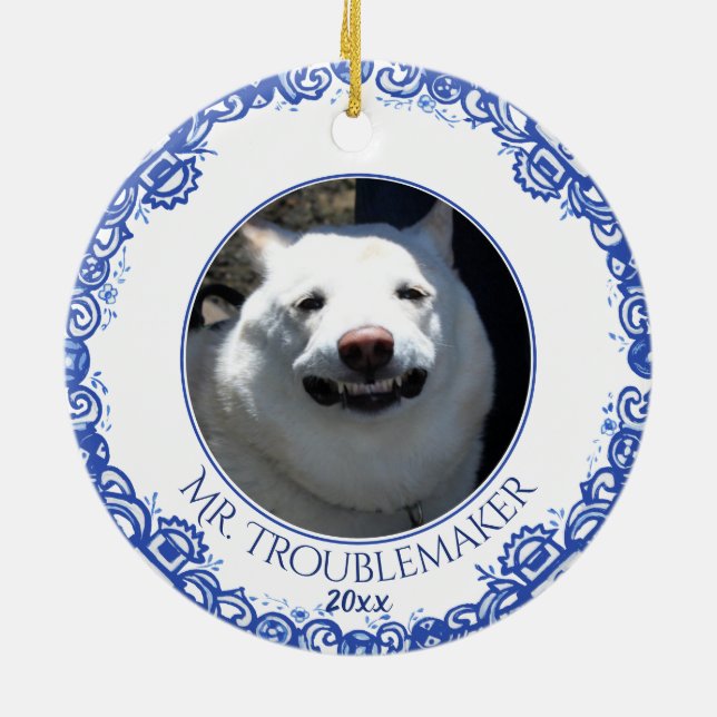 Weihnachten Haustier Foto Katze Datum Blue Willow Keramik Ornament (Hinten)