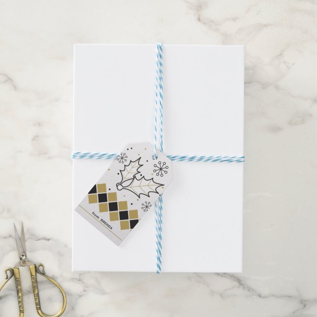Weihnachten, heilig, schwarz und goldfarben Streif Geschenkanhänger (Mit Garn)