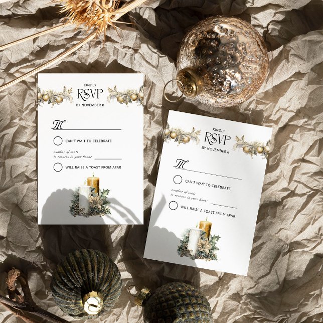 Weihnachten Heilige Kerzen und Ornamente RSVP Karte (RSVP Card from the Holly Bells Wedding Collection by Darling & May)