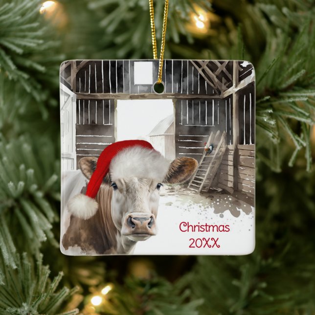 Weihnachten Hereford Kuh in Barn Keramikornament (Baum)