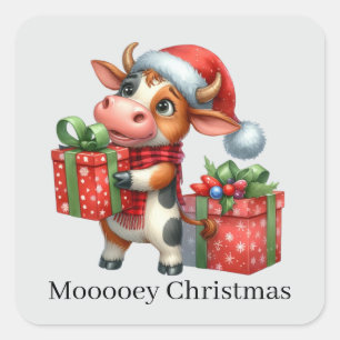 Weihnachten hinzufügen Text Kuh Quadratischer Aufkleber