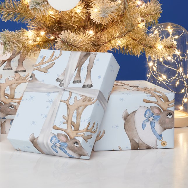 Weihnachten Hirsch Blauer Winter Schneeflocken Geschenkpapier (Feiertage)