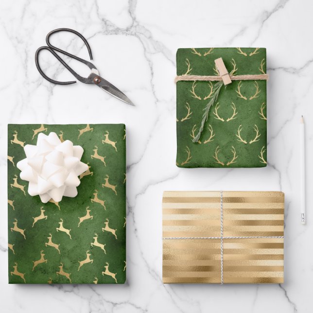 Weihnachten Hirschmuster Grün Gold Geschenkpapier Set (Vorderseite)