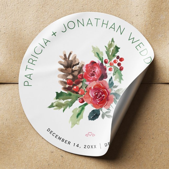 Weihnachten Hochzeit Aquarell Blumen und Beeren Runder Aufkleber (Von Creator hochgeladen)