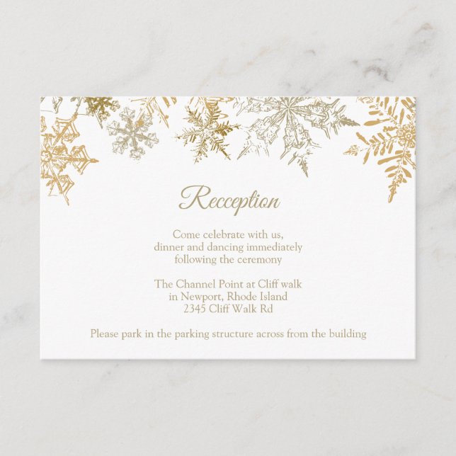 Weihnachten Hochzeitsempfang Gold Schneeflocken Wi Begleitkarte (Vorderseite)