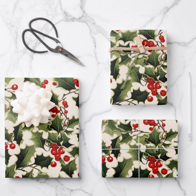 Weihnachten Holly auf hellem Hintergrund Geschenkpapier Set (Vorderseite)