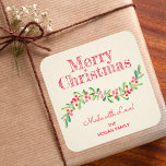 Weihnachten Holly Berry hausgemachte Feiertage Bac Quadratischer Aufkleber<br><div class="desc">Erstellen Sie Aufkleber,  um Ihre Weihnachtsferien hausgemachten Waren,  Kekse,  Süßigkeiten,  Leckereien,  Gastgeschenke und mehr mit einer stilvollen,  modernen Aquarell von grünen Heilig- und Rotweinbeeren auf einem blassen Elfenbeinstreifen Hintergrund und Ihre Botschaft in chic Schriften.</div>