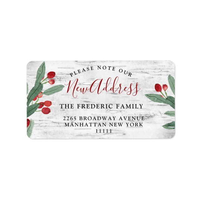 Weihnachten Holly Berry & Rustic Birke Neue Adress Adressaufkleber (Vorne)