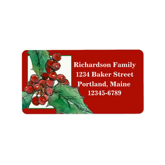 Weihnachten Holly Botanical Zeichnend Holiday Red Adressaufkleber (Vorne)