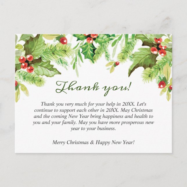 Weihnachten Holly Corporate Holiday Vielen Dank Postkarte (Vorderseite)