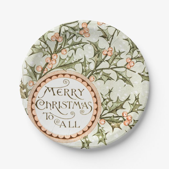 Weihnachten Holly Hübsch Antique Gruß Pappteller (Vorderseite)