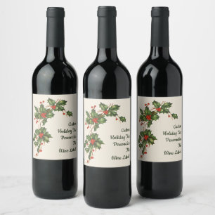 Weihnachten, Holly-Pflanze mit Roten Berries Weinetikett