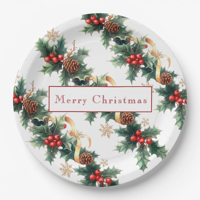 Weihnachten Holly Red Berries Pine Cones Gold Ribb Pappteller (Vorderseite)
