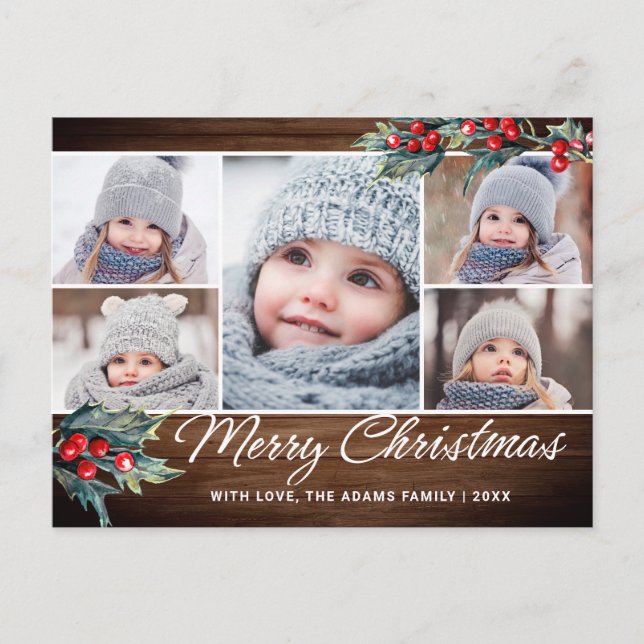 Weihnachten Holly Rustic 5 FOTO Grußurlaub Postkarte (Vorderseite)