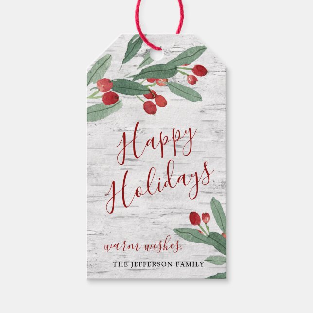 Weihnachten Holly Rustic Happy Holidays White Bark Geschenkanhänger (Vorderseite)