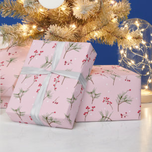 Weihnachten Holly und Pine Needles auf Pink Geschenkpapier