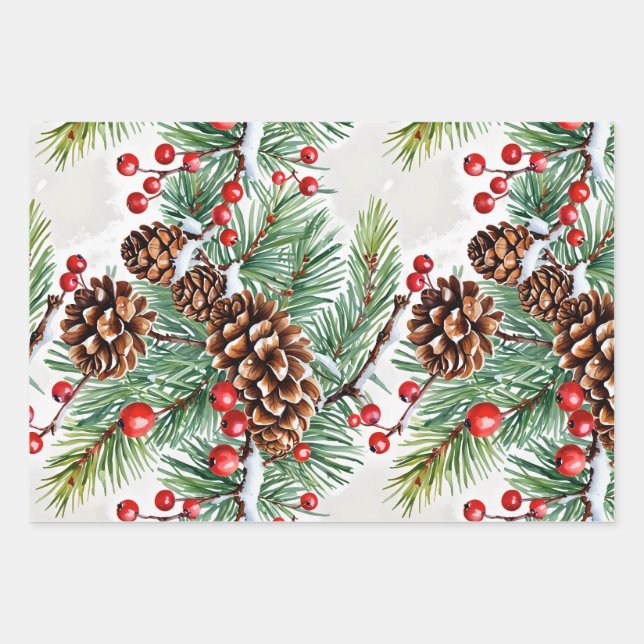 Weihnachten Holly und Pinecones Geschenkpapier Set (Vorderseite)