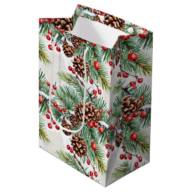Weihnachten Holly und Pinecones Mittlere Geschenktüte (Vorderseite Schrägansicht)
