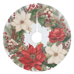 Weihnachten Holly und Poinsettias Fleece Weihnachtsbaumdecke