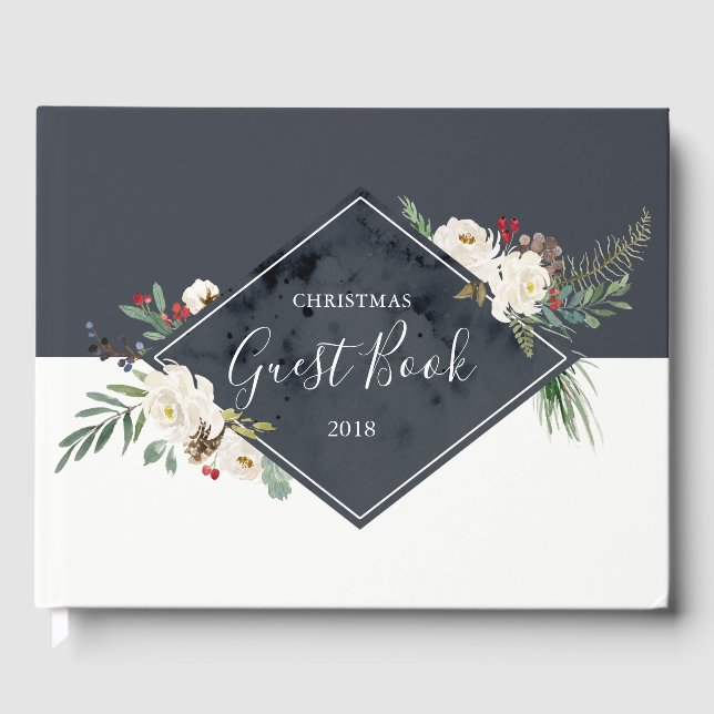 Weihnachten Holly & White Roses Bouquet Rahmen Gästebuch (Vorderseite)