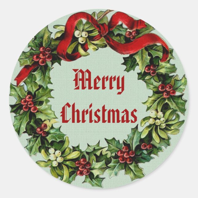 Weihnachten Holly Wreath mit Red Ribbon V03 Runder Aufkleber (Vorderseite)