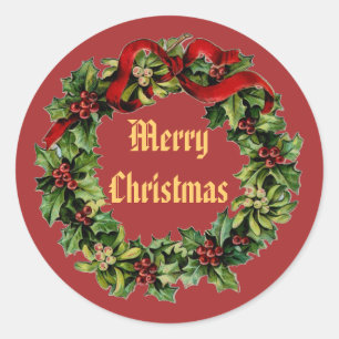 Weihnachten Holly Wreath mit Red Ribbon V14 Runder Aufkleber