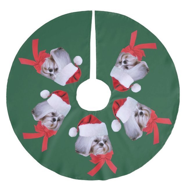 Weihnachten, Hund Shih Tzu, Weihnachtsmannmütze Polyester Weihnachtsbaumdecke (Vorderseite)