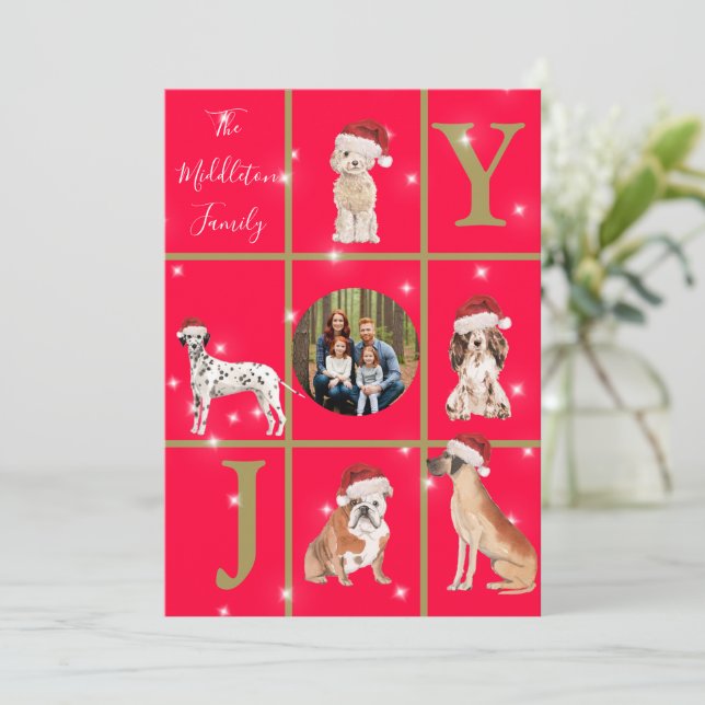 Weihnachten Hunde Spaß Foto Red Holiday Card (Stehend Vorderseite)