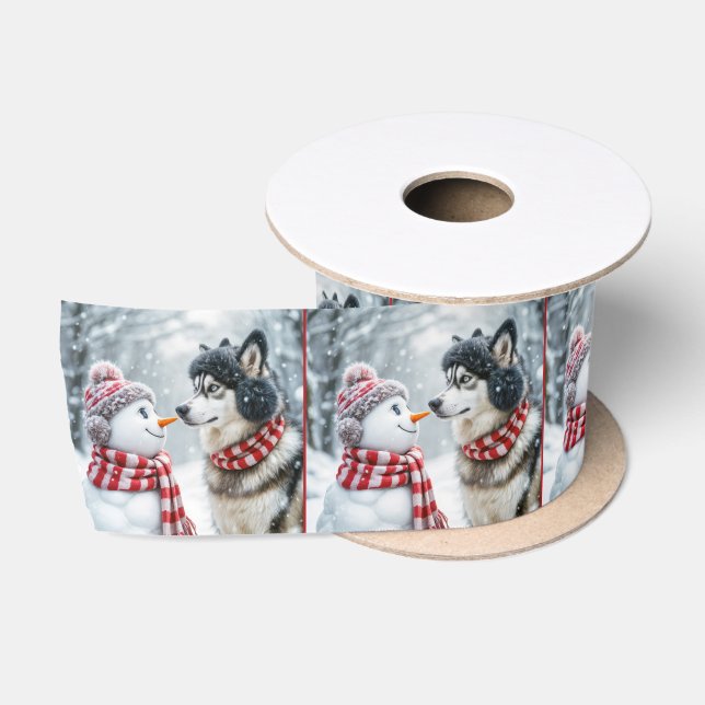 Weihnachten Husky Hund mit Schneemann Satinband (Spule)